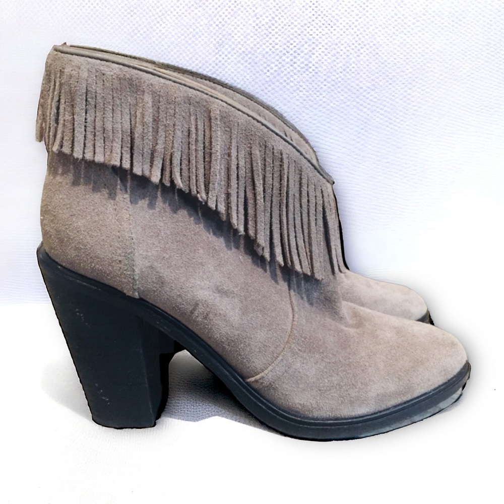 JOIE Suede Gray Loren Fringe Chunky Heel Booties 37 Boho Festival Ankle Slip On